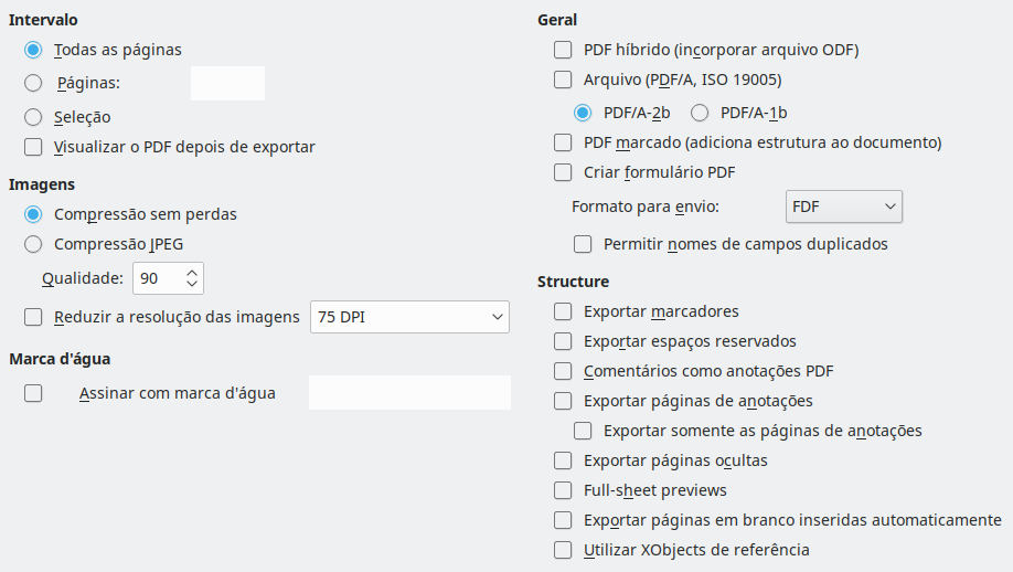 Imagem da caixa de diálogo de opções gerais da exportação PDF