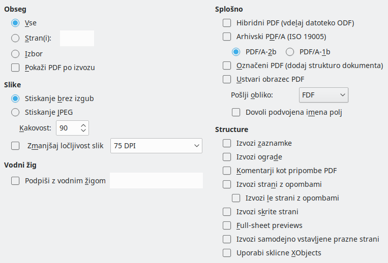 Slika pogovornega okna Možnosti za PDF, Izvozi v PDF – Splošno