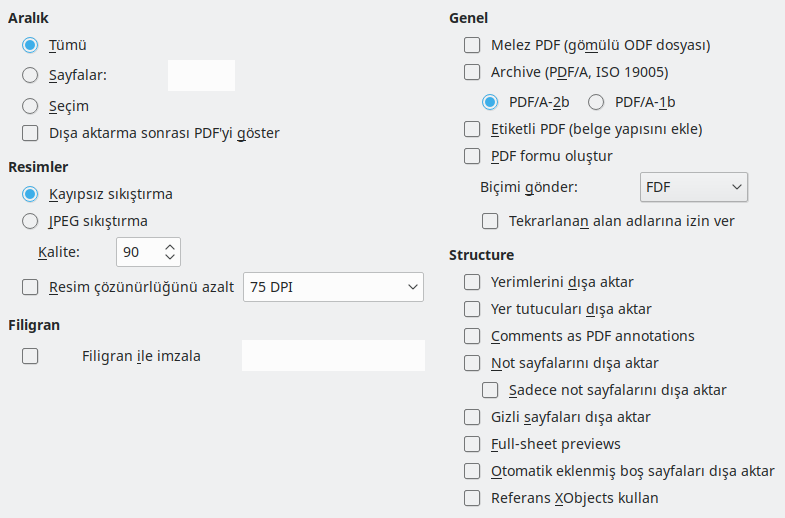 PDF Olarak Dışa Aktar Genel Seçenekleri İletişim Penceresi Resmi