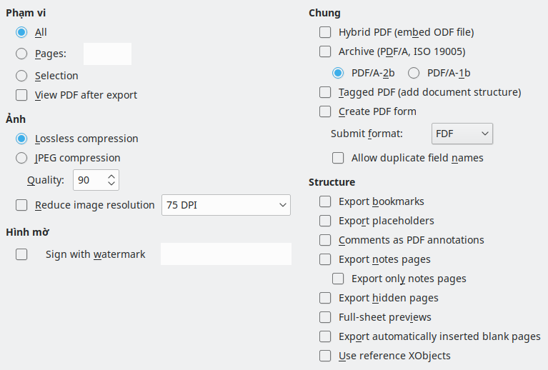 PDF Export General Options Dialog Image