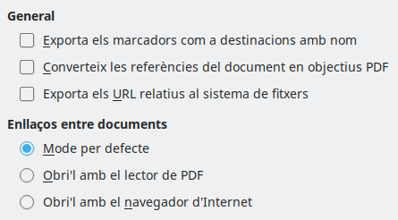 Imatge del diàleg d'opcions d'enllaços d'exportació PDF