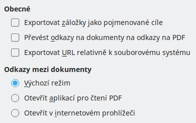 Obrázek dialogového okna Možnosti exportu odkazů do PDF  