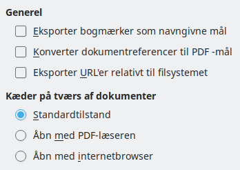 Dialogen indstillinger for PDF-eksporter links