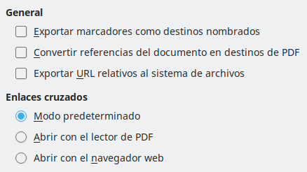 Imagen del cuadro de diálogo Exportar a PDF, pestaña Enlaces