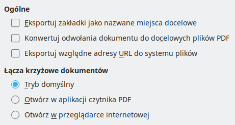 Obraz okna dialogowego opcji łączy eksportu PDF