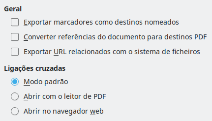 Imagem da caixa de diálogo das opções de ligação da exportação PDF