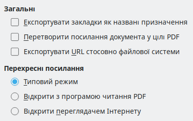 Діалогове вікно параметрів експорту посилань у PDF