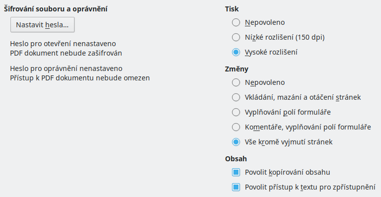 Obrázek dialogového okna Zabezpečení exportu do PDF