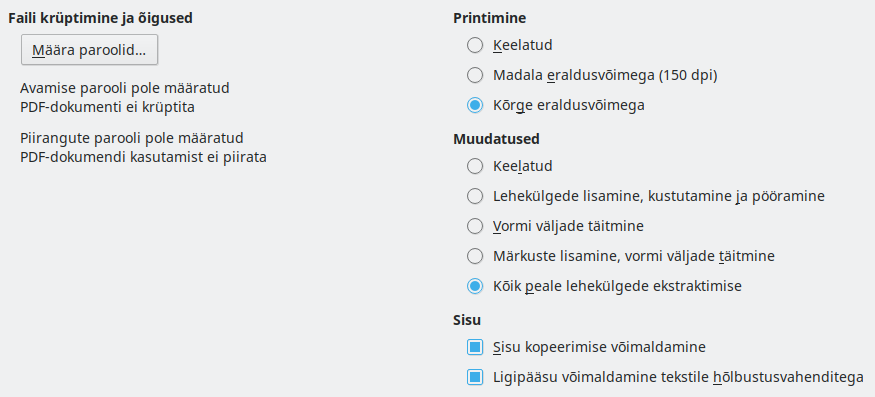 Ekraanipilt PDF-i ekspordi turvasätetest