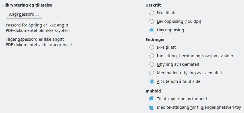 Sikkerhetsdialog for PDF Eksportalternativer.