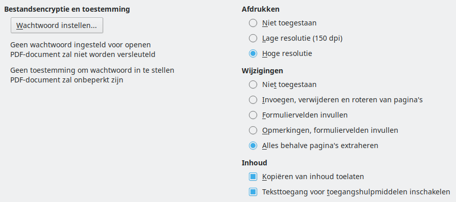 Afbeelding van dialoogvenster PDF-opties - Beveiling