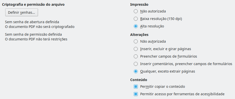 Imagem da caixa de diálogo de opções de segurança da exportação PDF