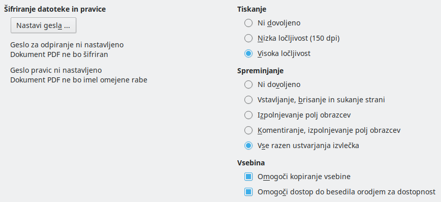 Slika pogovornega okna Možnosti za PDF, Izvozi v PDF – Varnost
