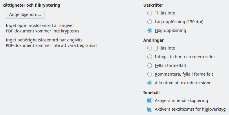 PDF Export Security Options Dialog Image
