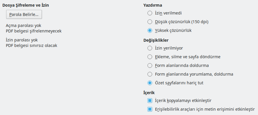 PDF Dışa Aktarma Güvenlik Seçenekleri Penceresi Görüntüsü
