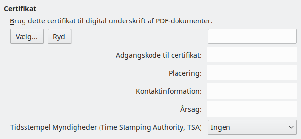 Dialogen indstillinger for PDF-eksport Digital signatur