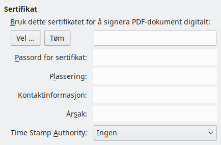 Dialogvindauget for innstillingar for digitale signaturar – PDF-eksport.