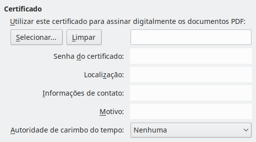 Imagem da caixa de diálogo de opções de assinatura digital da exportação PDF