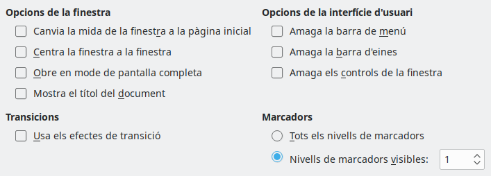 Imatge de diàleg d'opcions de la interfície d'usuari de l'exportació PDF