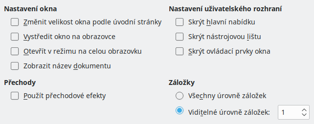 Obrázek dialogového okna Uživatelské rozhraní exportu do PDF