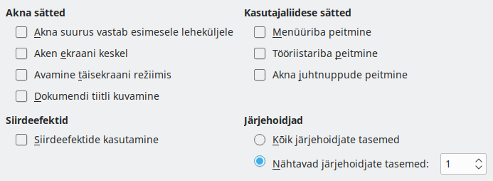 Ekraanipilt PDF-i ekspordi kasutajaliidese sätetest