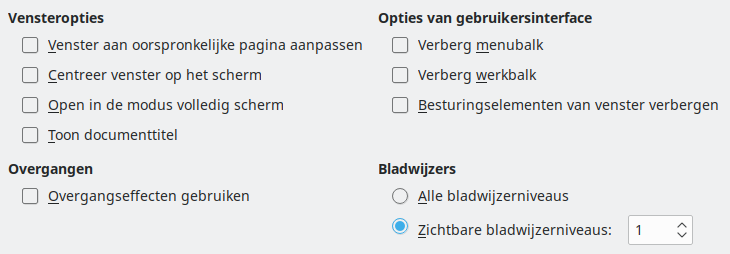 Afbeelding van dialoogvenster PDF-opties - Gebruikersinterface