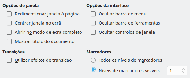 Imagem da caixa de diálogo de opções da interface do utilização na exportação PDF