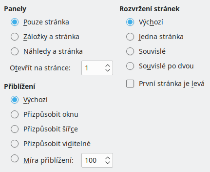 Obrázek dialogového okna Možnosti zobrazení exportu do PDF