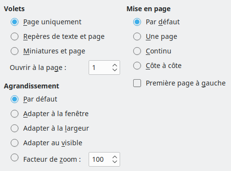 Image de la boîte de dialogue des options d'affichage de l'export PDF