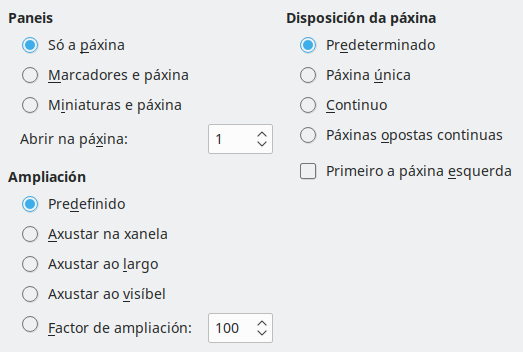 Imaxe da caixa de diálogo de opcións de vista de exportación a PDF