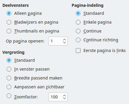 Afbeelding van dialoogvenster PDF-opties - Beginweergave