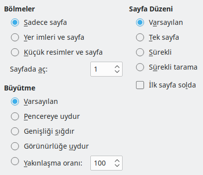 PDF Dışa Aktarma Görüntüleme Seçenekleri Penceresi Görüntüsü