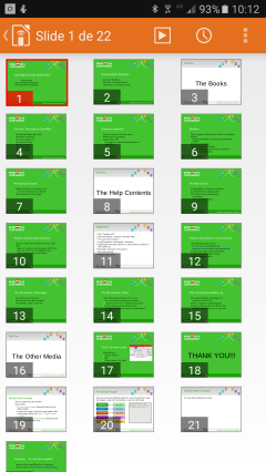 Modo alternativo: todas as miniaturas de slides para seleção direta ou saltar. O slide atual tem um cursor de seleção vermelho.