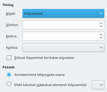 Ekraanipilt animatsiooni ajastuse dialoogist