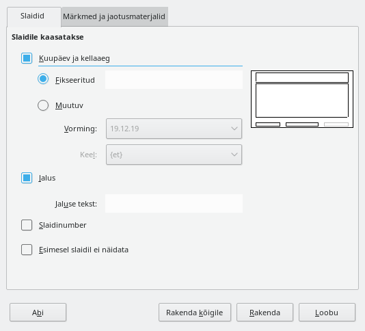 Ekraanipilt päise ja jaluse dialoogist
