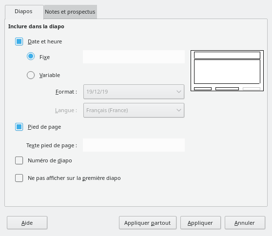 Boîte de dialogue En-tête et pied de page