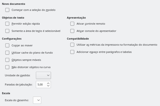 Caixa de diálogo opções gerais do Impress