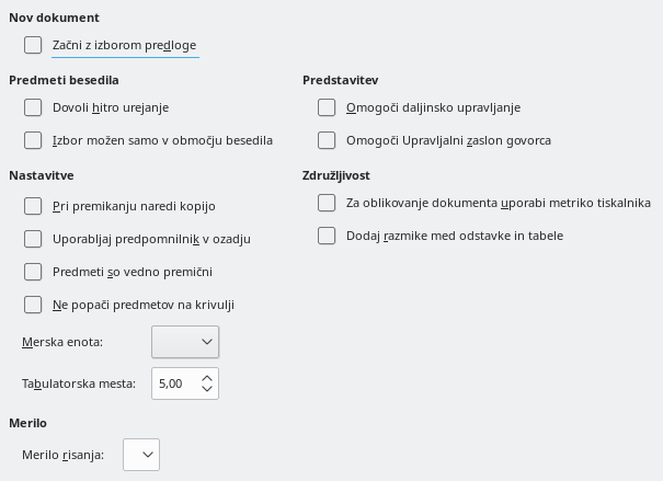 Slika pogovornega okna Splošne možnosti za Impress
