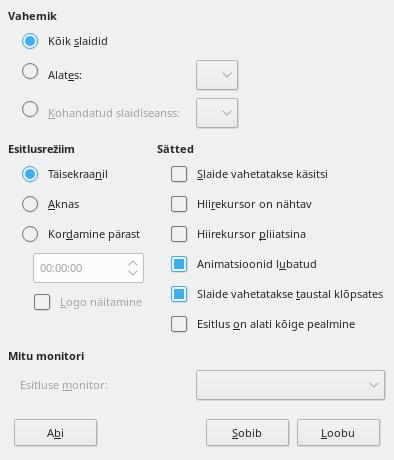 Ekraanipilt slaidiseansi sätete dialoogist