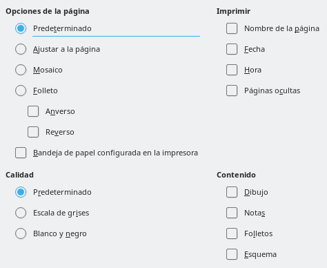 Cuadro de diálogo de opciones de impresión de Impress