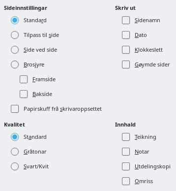 Dialogvindauget for Impress – innstillingar for utskriving