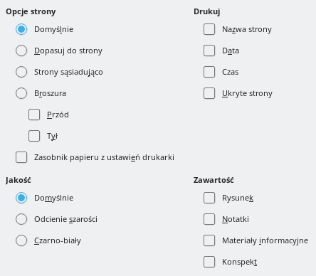Okno dialogowe opcji drukowania Impress