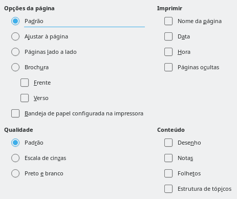 Caixa de diálogo de opções de impressão do Impress