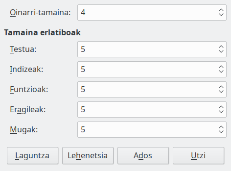 Letra-tipoaren tamainaren elkarrizketa-koadroa