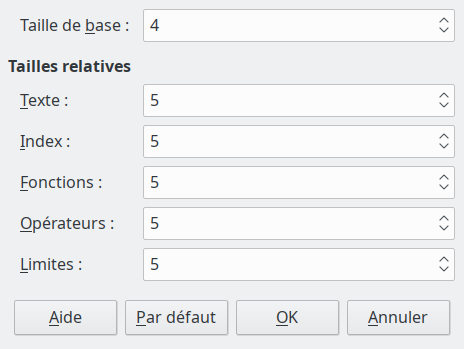 Boîte de dialogue de taille de police