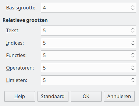 Dialoogvenster Tekengrootte