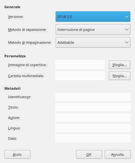 Riquadro di dialogo EPUB
