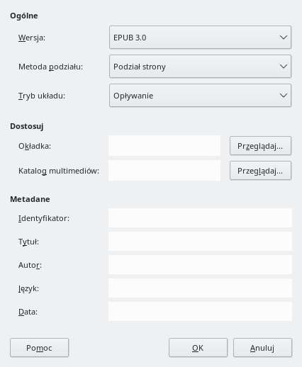 Okno dialogowe EPUB