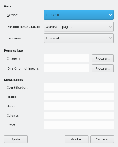 Caixa de diálogo de exportação EPUB