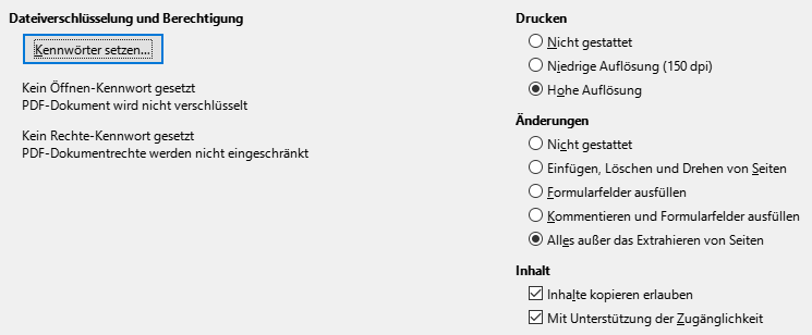 Bild des Export-Dialogs PDF-Optionen – Sicherheit